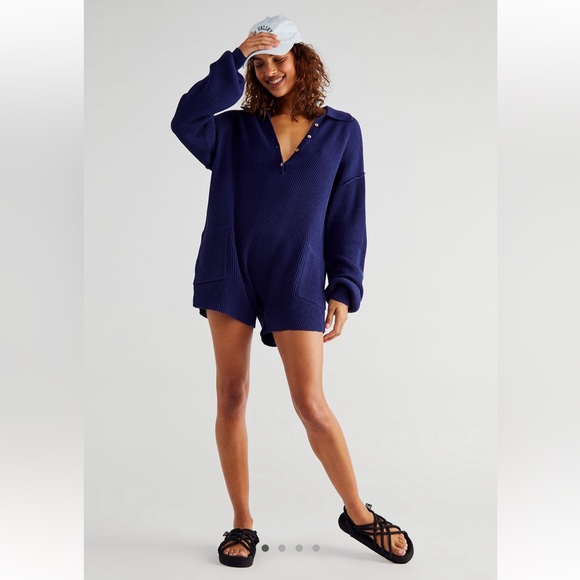 Free People Picnic Sweater Romper | Ink - Picture 3 of 6